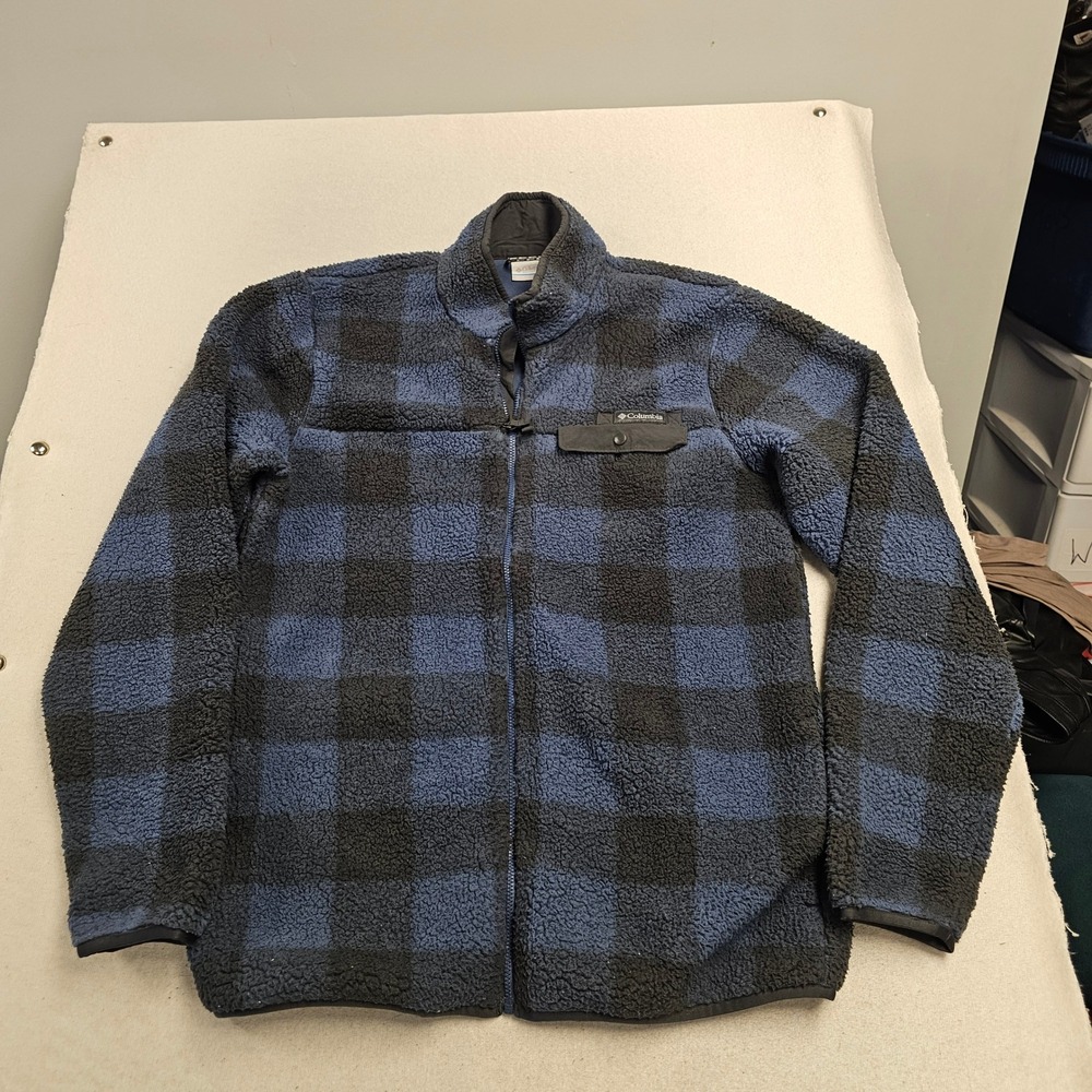 Columbia Mens Blue Black Buffalo Plaid Sherpa Fleece Full Zip Jacket Size M